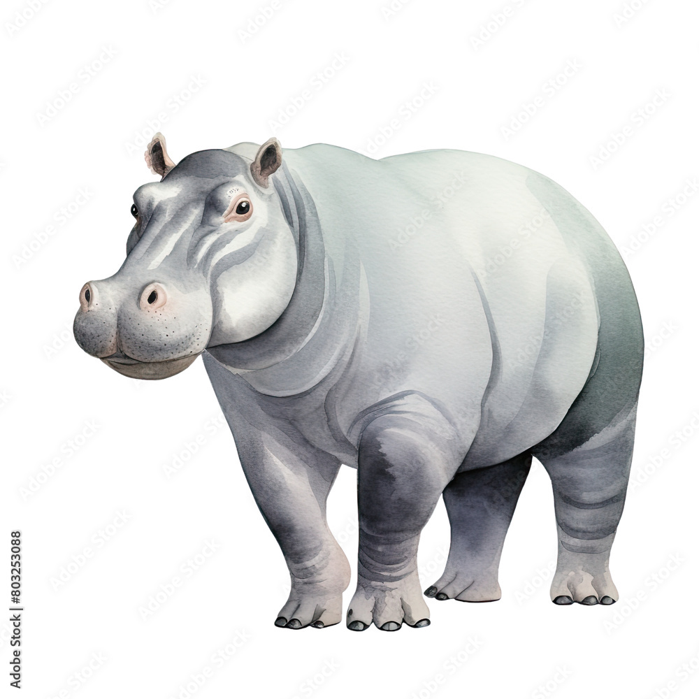 Obraz premium AI-Generated Watercolor Hippopotamus Clip Art Illustration. Isolated elements on a white background.