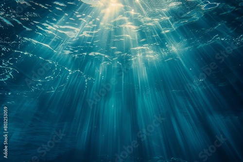 underwater ocean scene with sunlight rays piercing through blue water scuba diving background