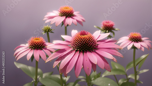 The image shows three pink coneflowers against a white background.