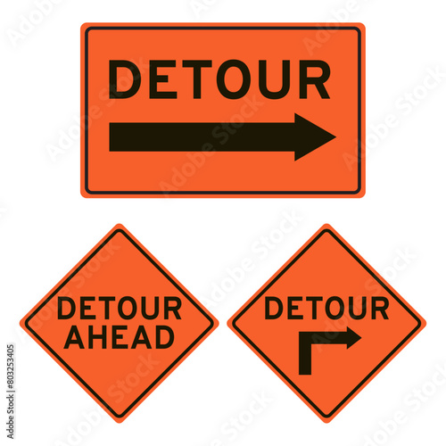 Set of detour signs. Right, ahead, straight. Rectangle and diamond shaped signs. Isolated on transparent background.
