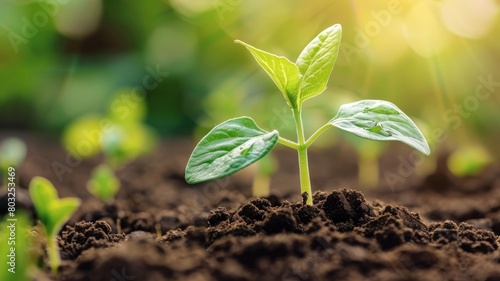 A detailed view of a healthy plant sprouting from nutrient-rich dirt, showcasing the growth process in its natural environment