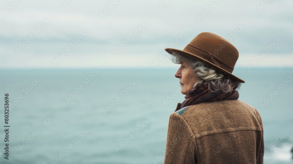 A woman wearing a hat and scarf gazing at the ocean. Suitable for travel or relaxation concepts