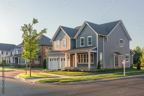 Angle from the street showcasing the full frontage of a pearl gray house with siding, set in a vibrant suburban neighborhood, under a clear sky. photo