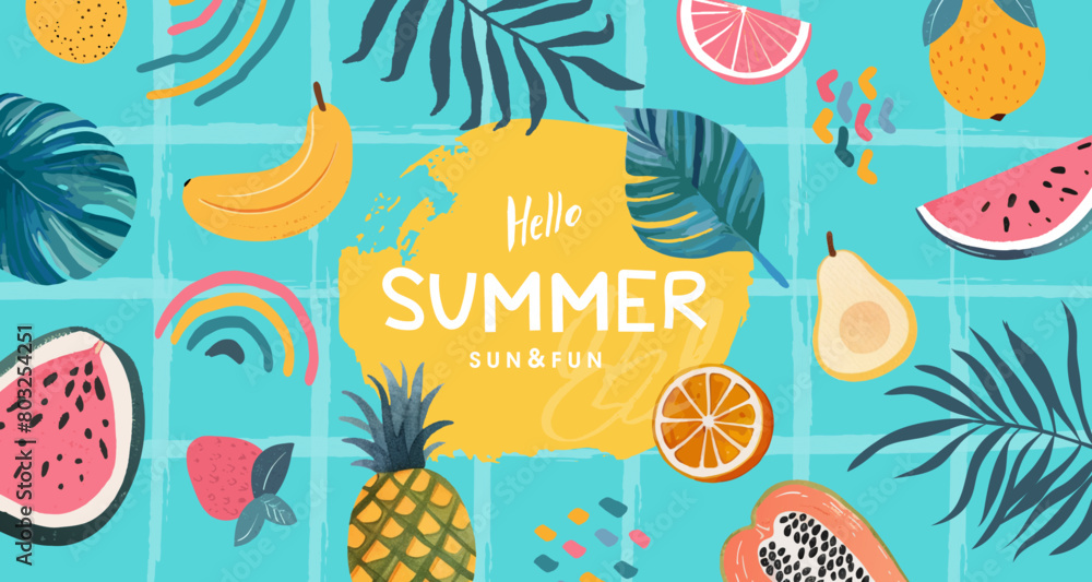 Hello summer! Colorful background with tropical leaves and fruits. Template banner, poster, header for web site. Hand drawn summer design elements. Vector illustration Hello summer! Colorful background with tropical leaves and fruits. Template banner, poster, header for web site. Hand drawn summer design elements. Vector illustration