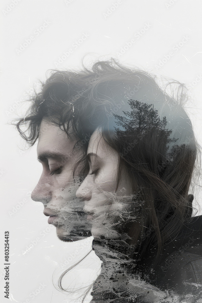 Fototapeta premium Double exposure, portrait of a couple in love and a bleak depressing landscape. Minimalist and elegant, white background. Creative concept of problems in marriage, rift, crisis.