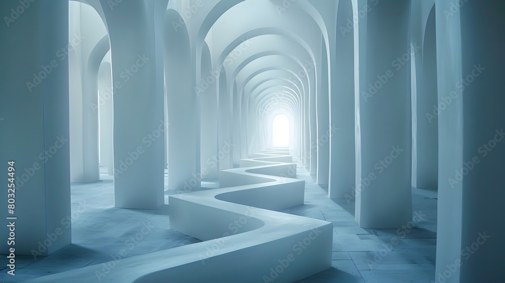 Luminous White Maze Hallway with Serene Architectural Symmetry