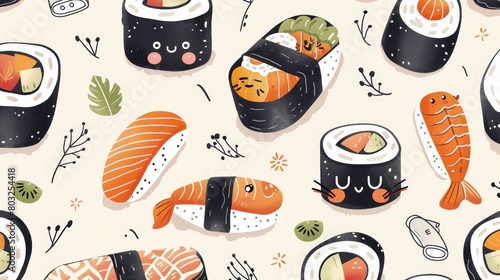 Whimsical Japanese sushi and sashimi pattern with cute character designs photo