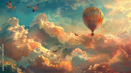 Whimsical hot air balloon soaring through vibrant pastel clouds with birds in flight