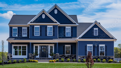 An elegant navy blue house with traditional windows and shutters stands out in the suburban landscape, its rich hue contrasting beautifully with the clear blue sky above. © Zara