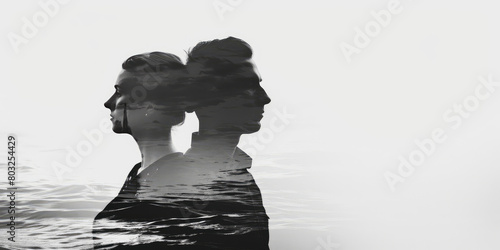 Double exposure, portrait of a couple in love and a bleak depressing landscape. Minimalist and elegant, white background. Creative concept of problems in marriage, rift, crisis, copy space.