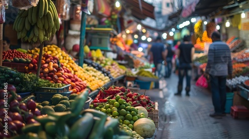 A bustling Middle Eastern market is full of colorful and exotic fruits and vegetables. The air is filled with the sounds of haggling merchants and the smell of fresh produce.