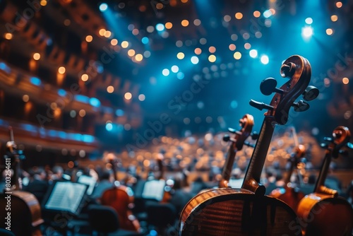 A close-up of a violin against a blurred background of an orchestra on stage during a performance. photo