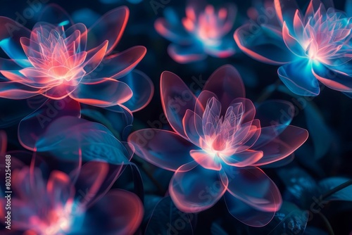vibrant neonlit decorative volumetric flowers on dark background 3d illustration