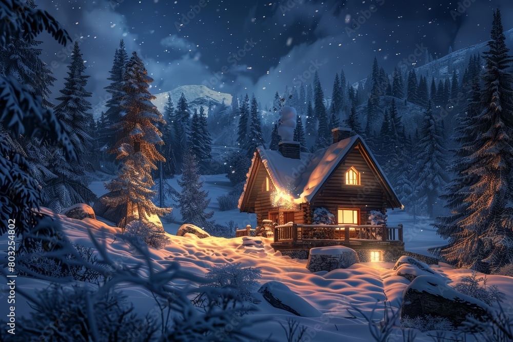 Fototapeta premium A cozy cabin nestled in a snowy forest