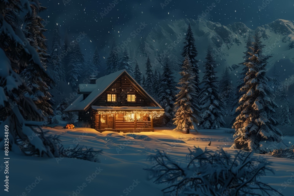 A cozy cabin nestled in a snowy forest A cozy cabin nestled in a snowy forest