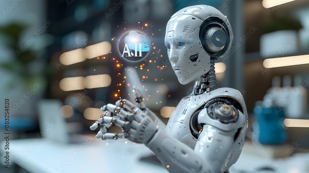 Fototapeta premium Robot Hand Holding Icon on Light Blue Background with Minimalistic Design in Professional