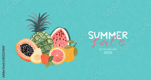 Summer sale, tropical fruit banner ad. Gouache painted summer design elements. Vector illustration.