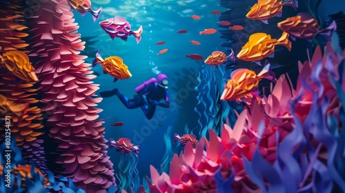 A scuba diver explores a beautiful and vibrant coral reef. The diver is surrounded by colorful fish and sea life. The coral reef is made of intricate and delicate paper cutouts. photo