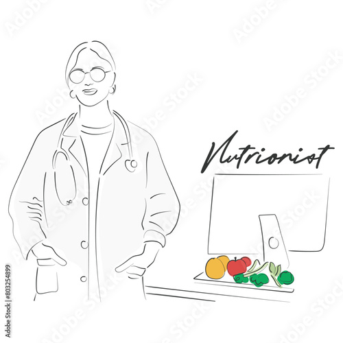 Hand drawn line art vector of nutritionist. Nutrition studies and dietetics.