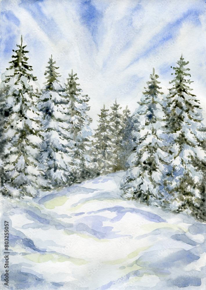 Watercolor Winter Landscape.