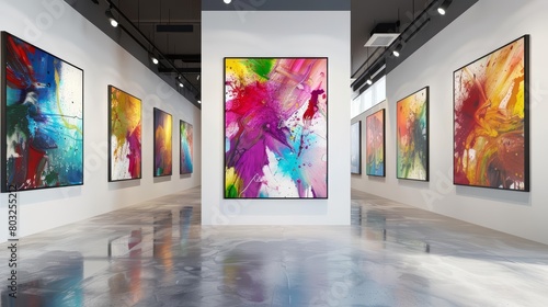 A long gallery with colorful abstract paintings on the walls. The floor is made of shiny marble and the ceiling is decorated with recessed lights. photo