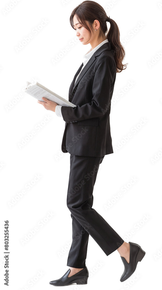 Japanese Businesswoman Walking and Reading Planner, Isolated on Transparent Background Japanese Businesswoman Walking and Reading Planner, Isolated on Transparent Background
