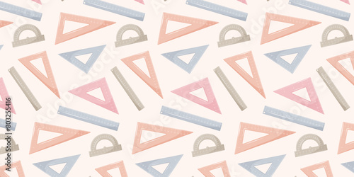 School supplies seamless pattern. Vector flat design with ruler, triangle, protractor. Education, back to school concept. For wrapping paper, cover, scrapbooking, stationery, packaging, textile print.