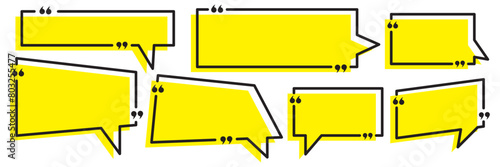 Quote box frame set. Blank quote boxes for text. Quotation bubble frame template with yellow background. Quote text in speech bubble. Quote bubble testimonial banners. Text in brackets. 