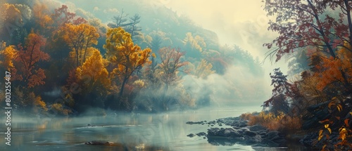 A beautiful landscape of a river flowing through a forest in the fall