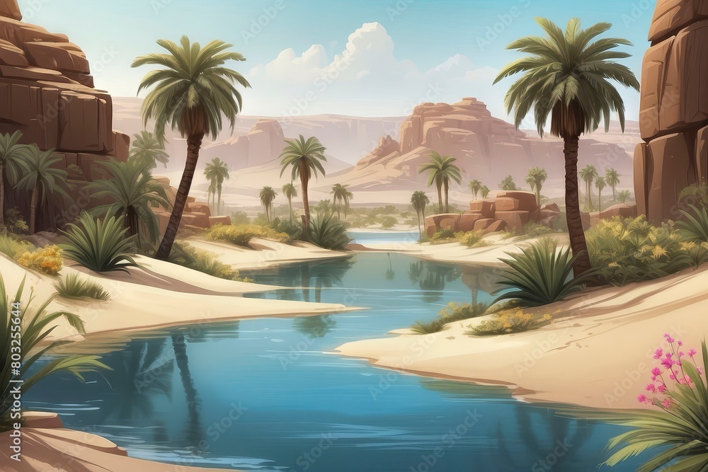 Desert oasis with palm trees and pool of water landscape. Beautiful contrast between sand dunes, rocky outcrops and plants. 