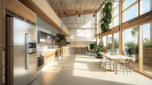 The interior of an eco-conscious building  showing energy-saving appliances and sustainable design materials