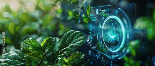 Futuristic nature scene. Plants growing in a lush environment with a high-tech digital interface.