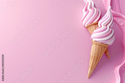 A delicious ice cream cone with pink icing, perfect for summer treats. Great for dessert menus or social media posts