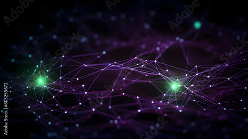 Artificial Intelligence Interface with Purple and Green Neural Network Connections Illustrating AI Data Processing on Black Background