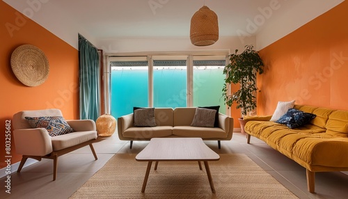 Modern living room interior  minimalistic  simple colorful walls