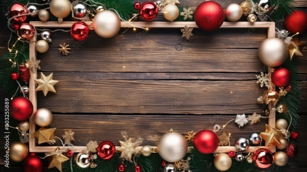 Christmas decorative frame with red and gold balls, spruce needles and glitters on rude wooden background, mock-up. Christmas decorative frame with red and gold balls, spruce needles and glitters on rude wooden background, mock-up.