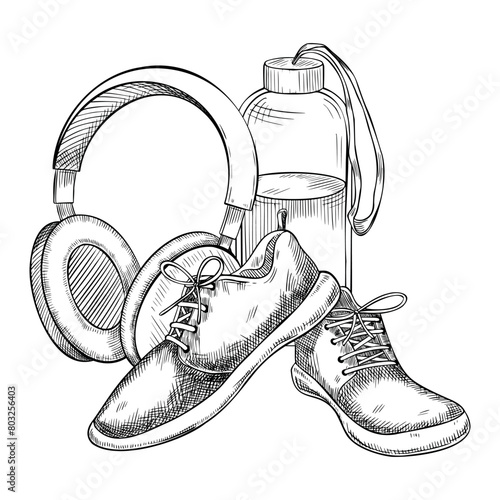 Sneakers with water bottle and headphones on isolated background. Vector illustration with female Fitness equipment. Linear drawing of Sports shoes for women and earphones for icon or logo.