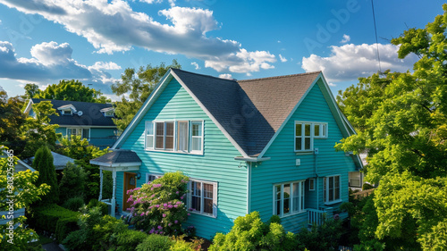 A cozy turquoise-colored house nestled amidst the greenery of the suburban neighborhood, with its siding and traditional windows creating a warm and inviting atmosphere on a sunny day.