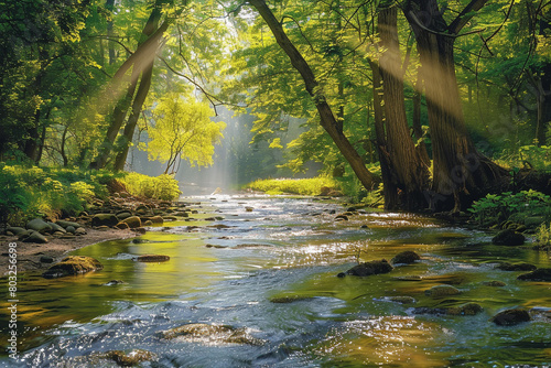 A crystal-clear stream meandering through a picturesque, sun-dappled forest.