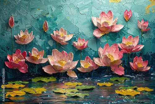 3D  a painting of water lilies over a green field with yellow leaves  in the style of textural expressionism 
