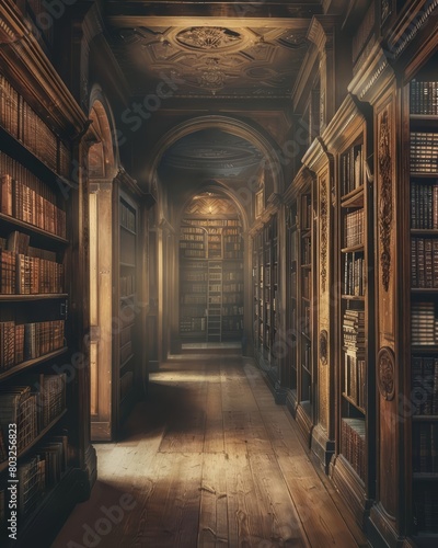 A dark academia library with wooden shelves filled with books, a wooden floor, and a large window at the end of the hall.