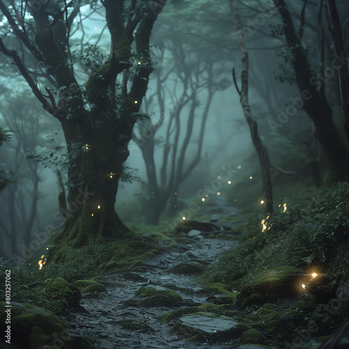 A dark and mysterious forest path  lit only by a few glowing mushrooms.