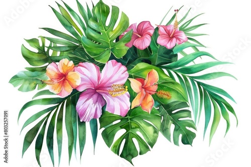 Colorful tropical flowers and leaves in a vibrant painting. Perfect for adding a pop of color to any project