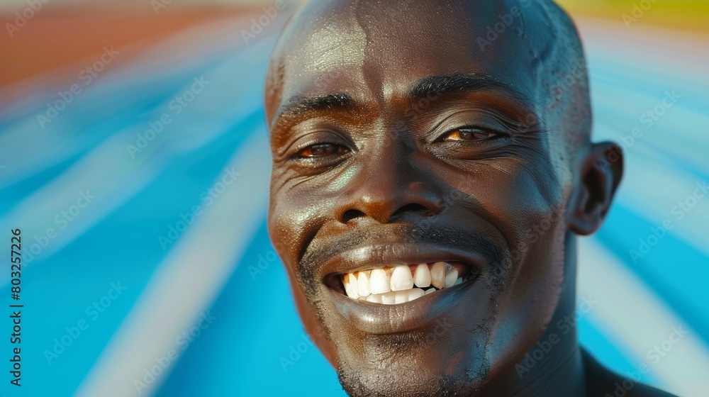 Joyful Sprinter Celebrating on Track Field, Smiling Athlete in Athletic Wear, Sunny Outdoor Stadium Setting Joyful Sprinter Celebrating on Track Field, Smiling Athlete in Athletic Wear, Sunny Outdoor Stadium Setting