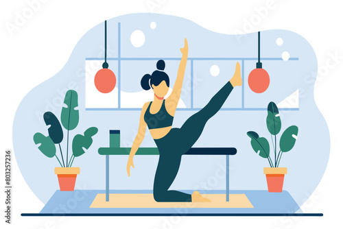 A woman stretches on a mat in a sunny, plant-filled studio