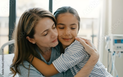 Mother consoles her little sick daughter at the hospital recovering daughter and hugs her mother with love in the hospital, photo