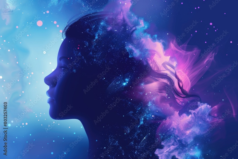 A woman's silhouette against a stunning galaxy backdrop. Perfect for science or space-related projects A woman's silhouette against a stunning galaxy backdrop. Perfect for science or space-related projects