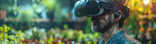 Bearded man wearing virtual reality headset in a futuristic greenhouse