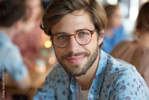 young man with glasses smiling at camera coworkers in background at office meeting lifestyle photo