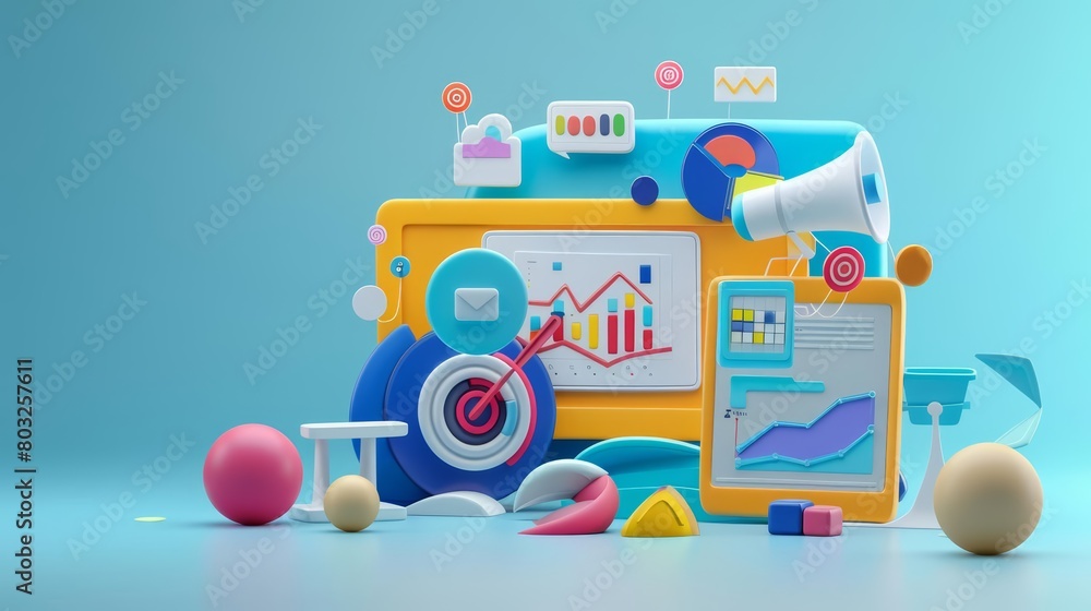 Naklejka premium Colorful 3D illustration of a computer with social media and marketing icons